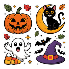 Fototapeta premium Halloween illustration featuring a carved pumpkin a black cat on a crescent moon candy corn and a witch hat isolated on transparent background