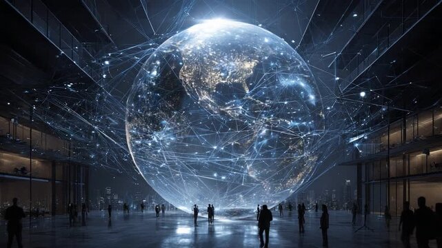 Global Connections: A mesmerizing depiction of interconnectedness, showcasing a luminous globe intricately woven with digital pathways, housed within a modern architectural space. - Powered by Adobe