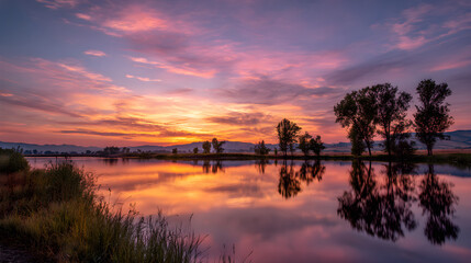 Obraz premium Golden Hour Symphony: Embracing the Splendor and Serenity of Nature's Twilight Canvas Over Tranquil Waters Under a Majestic Yellow Sunset