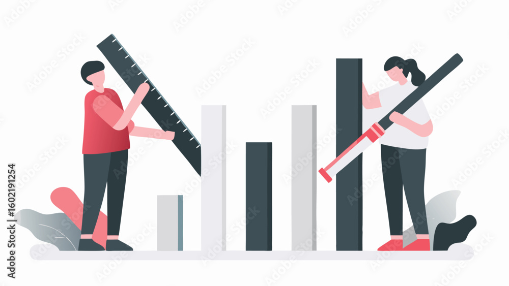 Poster people measuring and adjusting bar graph with ruler and level for business presentation design conce
