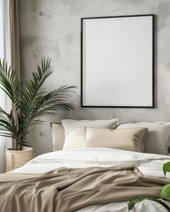 Modern bedroom interior with a blank frame mockup on a textured wall. a bed with white linens and a plant