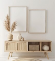 Minimalist living room interior with a wooden console table. two empty picture frames. pampas grass. and decorative items