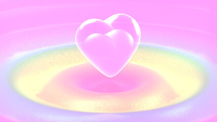 3D render bubble heart floating on rainbow wave.