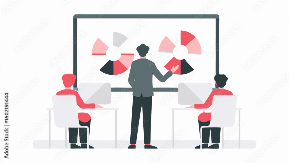 Poster a presenter explaining pie charts on a screen with two attendees at desks in a presentation room