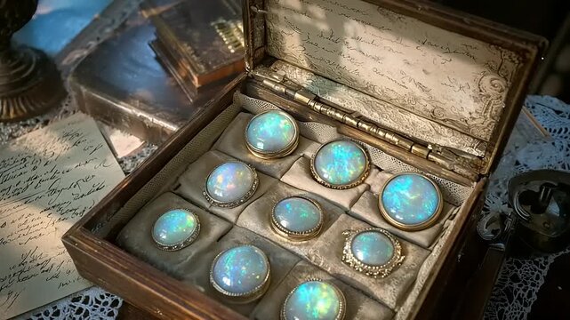 Vintage opals in wooden display box
