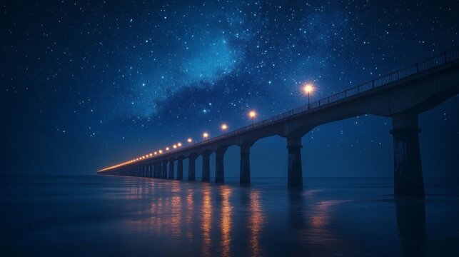 A night bridge over still water under a starry sky.