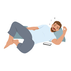 Man Napping Peacefully with Phone Nearby. Flat vector illustration isolated on white background