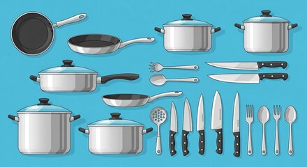 various cooking utensils neatly arranged with a light blue background