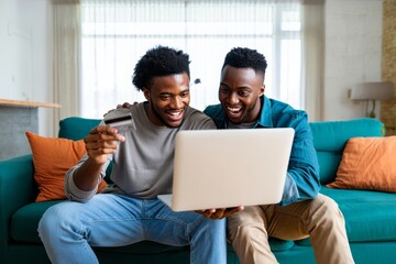 Two friends shopping online with credit card and laptop on couch at home together