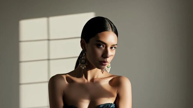 Beautiful native american and latina female model posing for a jewelry fashion shoot with a white studio background and sunny lighting against the wall