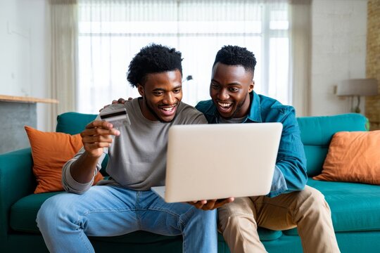 Two friends shopping online with credit card and laptop on couch at home together