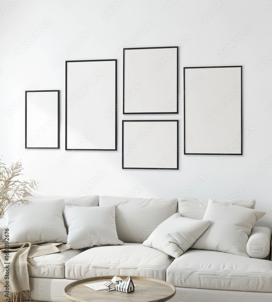 Poster a white sofa with pillows sits in front of a wall with five empty picture frames