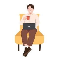 Man enjoys a hot cup of coffee while working comfortably on his laptop from a cozy yellow chair. Flat vector illustration isolated on white background