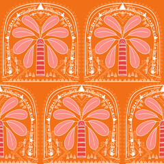 Retro Tribal Palm Seamless Pattern Seamless hand-drawn pattern featuring stylized palm trees and African-inspired tribal motifs. Designed in warm vintage tones of ochre, terracotta, dusty pink 