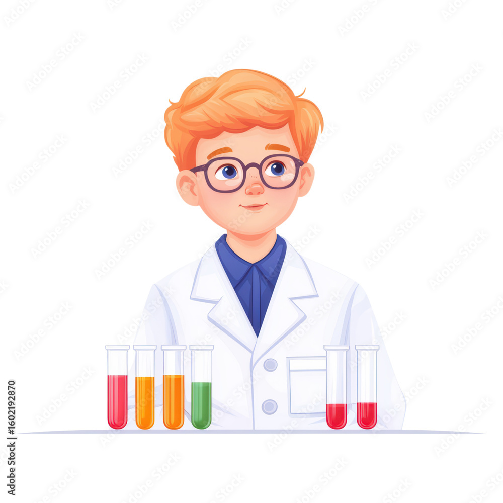Poster young scientist with test tubes in a laboratory setting isolated on transparent background.