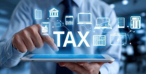 Businessperson interacts with tablet displaying "TAX" and related icons