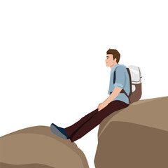 Relaxed man with a backpack sits on the edge of a rocky cliff, enjoying the serenity of nature. Flat vector illustration isolated on white background