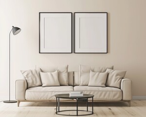 Minimalist living room interior with a beige sofa. two empty frames. a coffee table. and a floor lamp