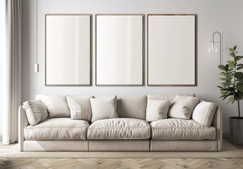 Minimalist living room interior with a white sofa. three empty picture frames. and a potted plant (1)