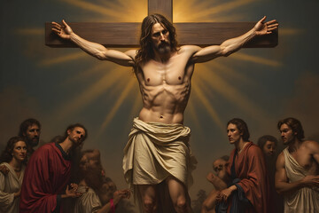 Man on a Wooden Cross with People Observing, Classical Art