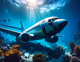 Sunken Plane with Ocean Wreck, and Coral Reef.