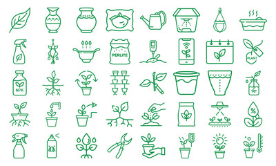 Naklejka premium Collection of gardening and plant care icons, isolated on a clean white background