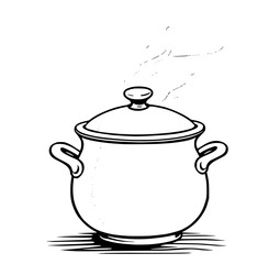 Steaming Pot: A charming line art illustration of a covered pot with steam rising, showcasing its simple design and warm cooking ambiance.