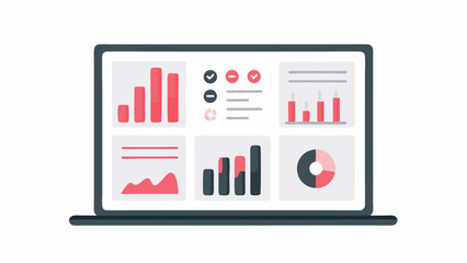 Laptop screen displaying various data visualizations including bar charts and a pie chart for analysis