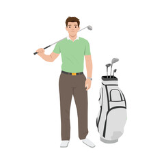 Man in a polo shirt confidently holding a golf club over his shoulder, standing next to a golf bag. Flat vector illustration isolated on white background