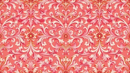 Fototapeta premium Ornate rococo revival motif pattern with pastel pink and gold accents, editorial textile illustration, seamless tile,