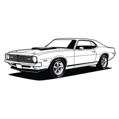 Classic Muscle Car Illustration: Black and White Vintage Coupe with Supercharger, Bold Lines, Retro Style, Powerful and Nostalgic Mood, Ideal for Automotive, Speed, and Power Themes.