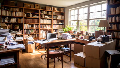 Sunlit Home Office with Books, and Papers.