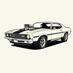 Obraz premium Classic Muscle Car Illustration: Black and White Vintage Coupe with Supercharger, Bold Lines, Retro Style, Powerful and Nostalgic Mood, Ideal for Automotive, Speed, and Power Themes.