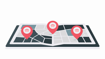 A map with three red location pins each containing a house icon indicating property locations shown