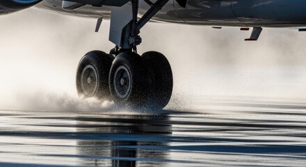 airplane wheels when landing on a wet road