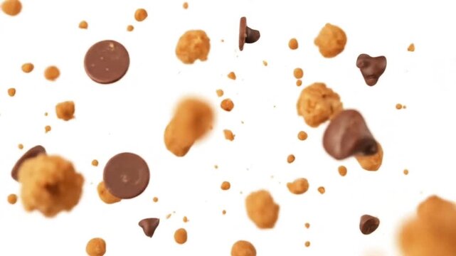 Chocolate chip cookie crumble explosion on white background, sweet food dessert concept