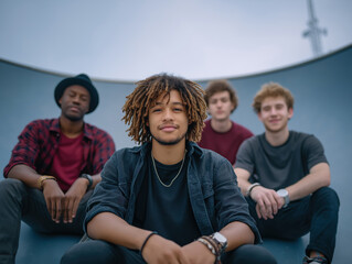 Group of young men with diverse hairstyles and styles, sitting together in an urban skate park, showcasing friendship and camaraderie in a vibrant outdoor setting