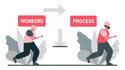 Illustration showing workers moving into a process with arrows and two people depicted running 100