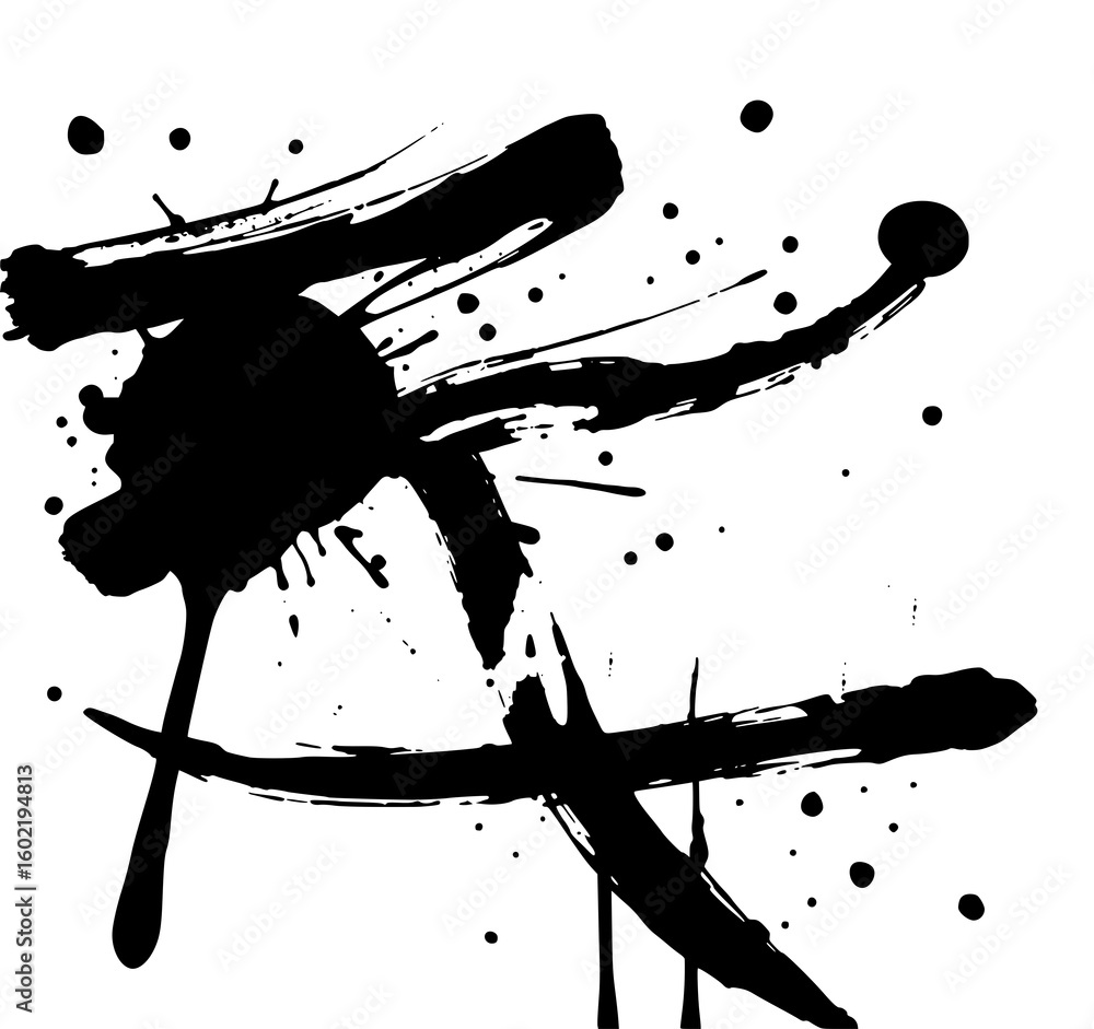 Poster abstract ink splatter: a bold monochrome illustration featuring dynamic brushstrokes and splatters, 