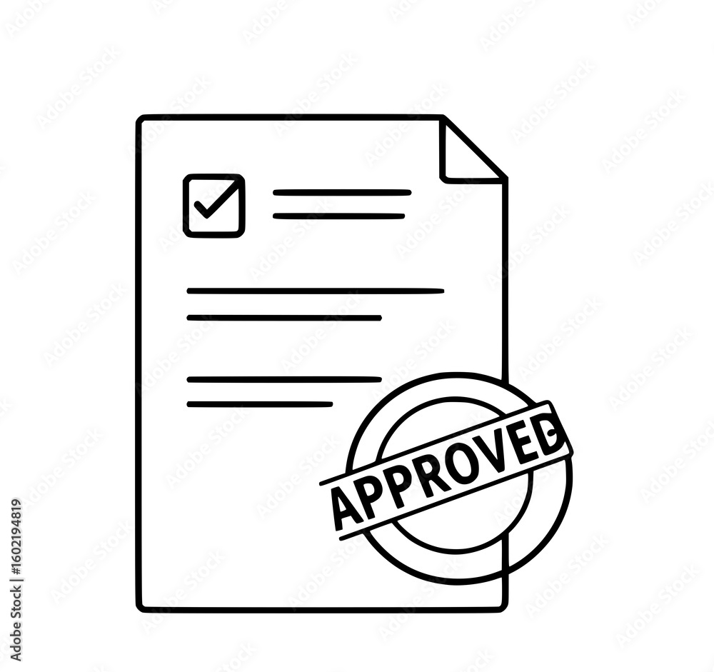 Poster approved document: a simple line art illustration of a document with a check mark and an 'approved' 