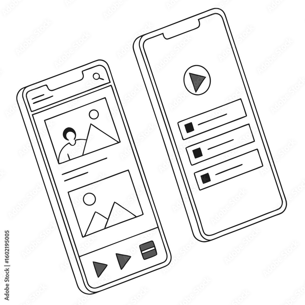 Poster two smartphones displaying different user interfaces with media and control elements displayed clear
