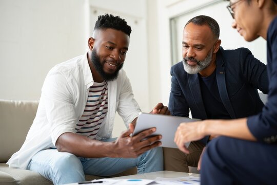 Business meeting teamwork collaboration diverse team using tablet for project discussion