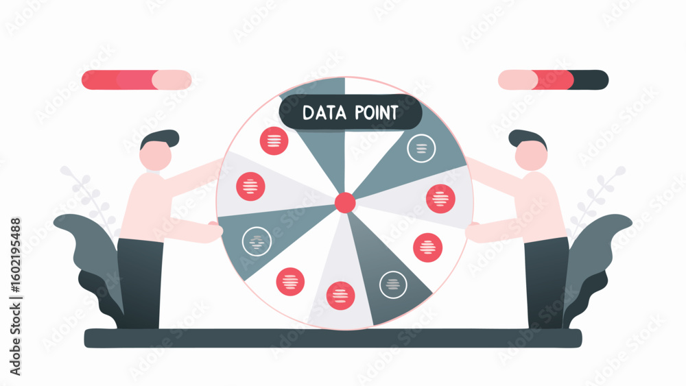 Poster illustration of two people spinning a data point wheel with red and grey segments and data icons on 