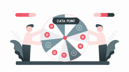 Illustration of two people spinning a data point wheel with red and grey segments and data icons on it