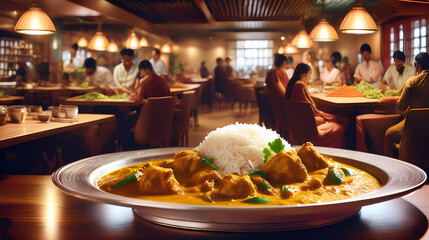 Cinematic Wide Shot: Bustling Curry Restaurant Interior with Customers Enjoying Meals

