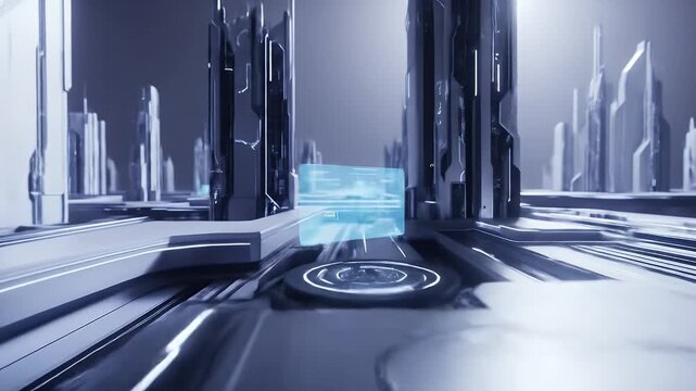 Futuristic cityscape with glowing data cube