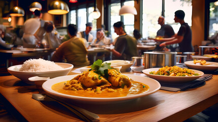 Cinematic Wide Shot: Bustling Curry Restaurant Interior with Customers Enjoying Meals

