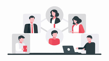Illustration of a virtual meeting with six people connected through a network on a white background
