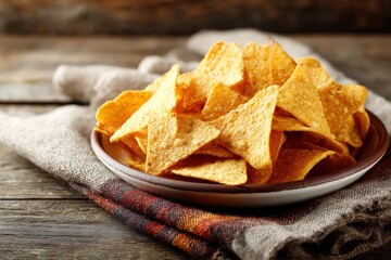 White bowl of nacho chips on brown plate atop linen tablecloth Rustic wood backdrop