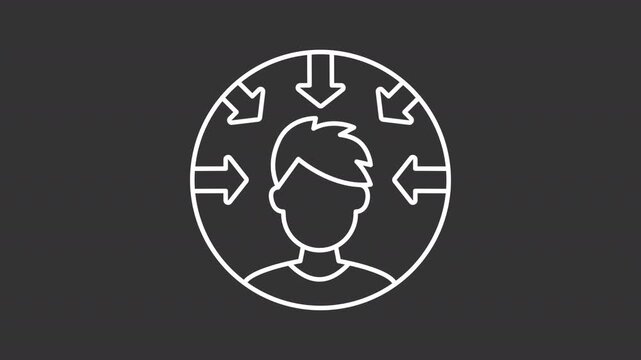 Customer centricity white line animation. Target audience animated icon. Pointing arrows extending, moving. Business strategy, marketing. Isolated element on dark background. Alpha transparent video
